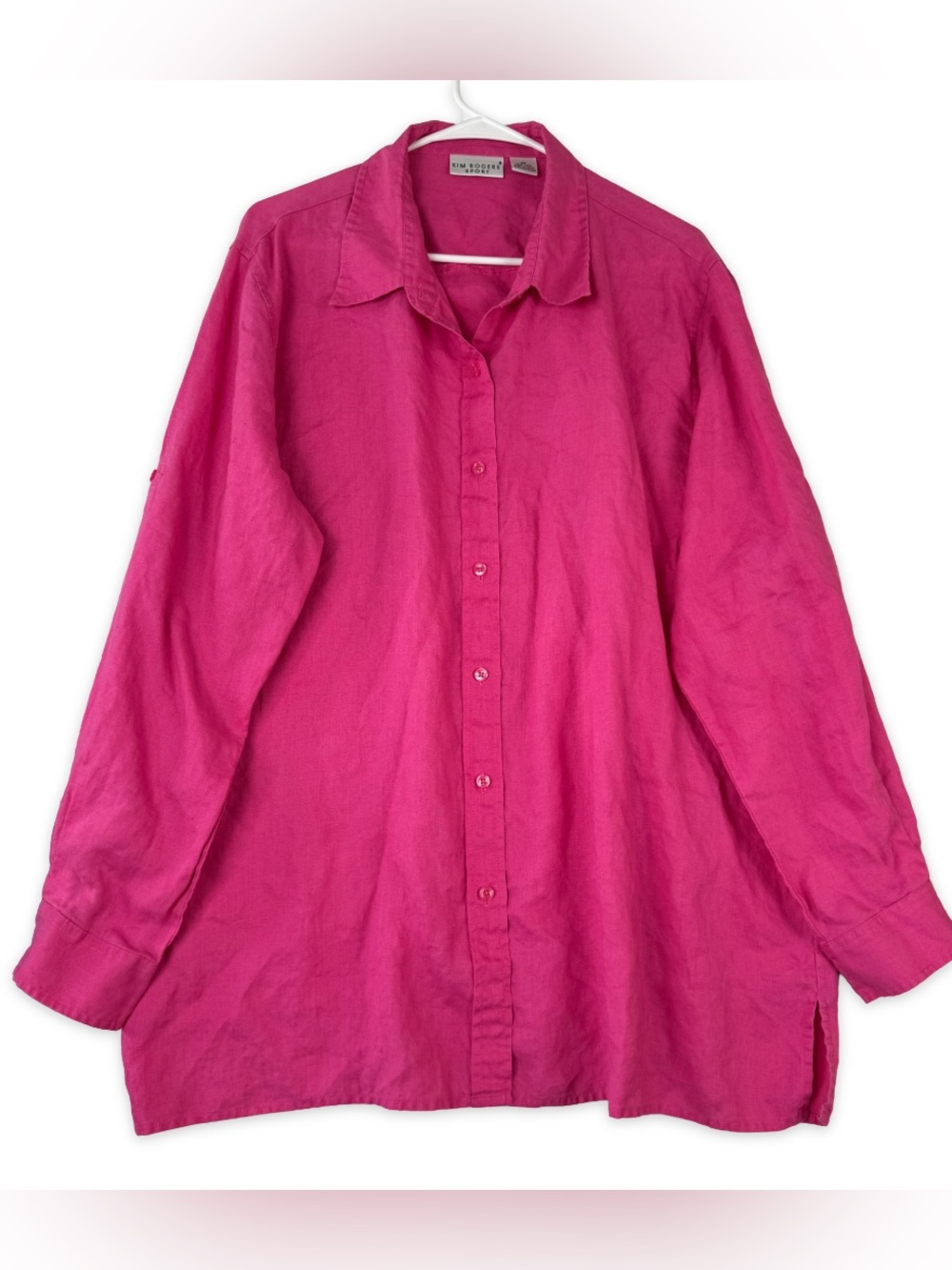 Kim Rogers Sport Button Down Top Womens 2X Solid Pink 100% Linen Roll Tab Sleeve